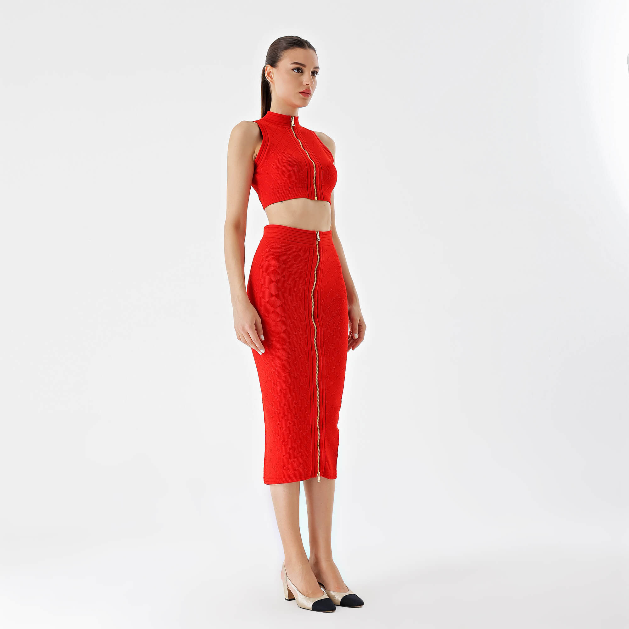 Balmain - Red Knitted Blousses&Skirt